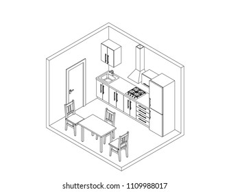 Interior kitchen room on white background. Vector outline illustration.