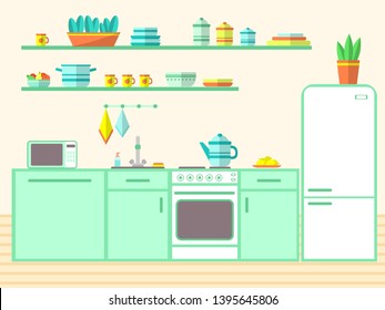 The interior of the kitchen set in green tones: furniture, stove, refrigerator, dishes