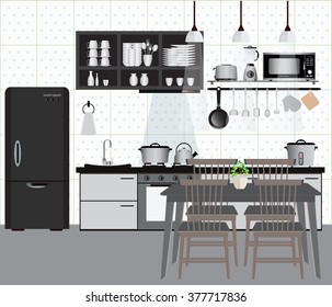 Interior kitchen with kitchen shelves and cooking utensils, equipment on counter in tiles patterned background, vector illustration.