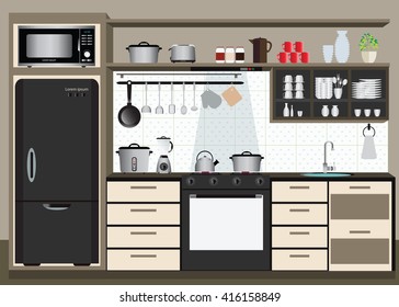 Interior kitchen with kitchen shelves and cooking utensils, electronics equipment on counter in tiles patterned background, vector illustration.