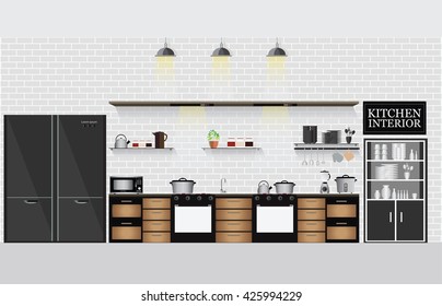 Interior kitchen with kitchen shelves and cooking utensils, equipment on counter with bricks patterned background, vector illustration.