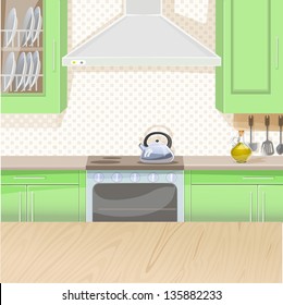 Interior of kitchen with stove and cupboards