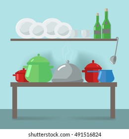 Interior kitchen table with kitchen appliances and a shelf with utensils. Vector