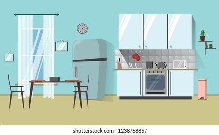 Interior of the kitchen. Vector banner. Design of a cozy kitchen with refrigerator, window, table and decor accessories.