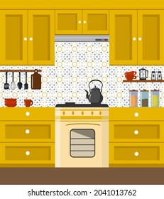 The interior of the kitchen is yellow. Kitchen cabinets, stove, cutlery and kettle, items for cooking. Vector illustration.