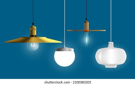 Interior lamps with different lampshades and plafonds. Hanging luminaires for retro, vintage or loft interior