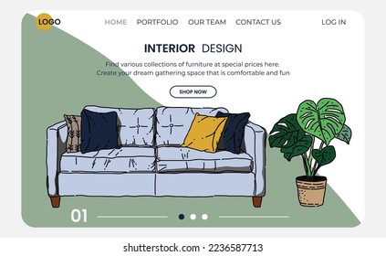 Interior landing page design. Living room sketch vector. Hand drawn furniture. Furniture interior room illustration, apartment living sketch.