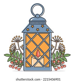 Interior landscape autumn lantern decorated with autumn leaves, cartoon