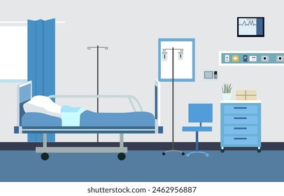 Interior Landscape of Hospital Inpatient Room with Bed and Health Medical Equipments