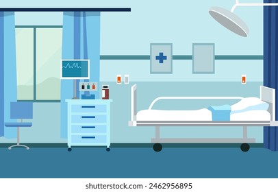 Interior Landscape of Hospital Inpatient Room with Bed and Health Medical Equipments