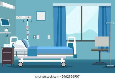 Interior Landscape of Hospital Inpatient Room with Bed and Health Medical Equipments