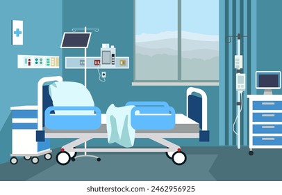 Interior Landscape of Hospital Inpatient Room with Bed and Health Medical Equipments