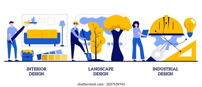 Inneneinrichtung, Landschaft und Industriedesign Konzept mit winzigen Menschen. Engineering-Ideen abstrakter Vektorgrafik-Set. Professionelle Einrichtung, Außendekoration Designer Services Metapher.