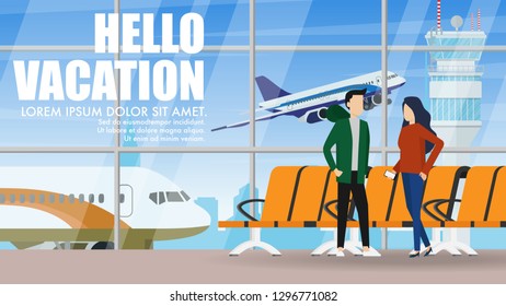 Interior landscape inside the airport terminal building in waiting area in departure hall with passenger and text Hello Vacation