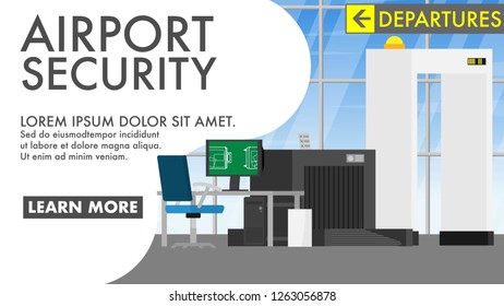 Interior landscape view of check-in counter with security check point in the airport terminal