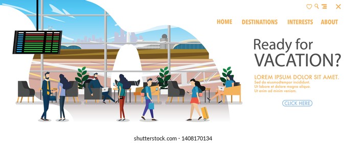 Interior landscape view inside the airport departure terminal with chairs and table sets and passengers with landscape view outside the building-airport with airplane,runway and city in the background