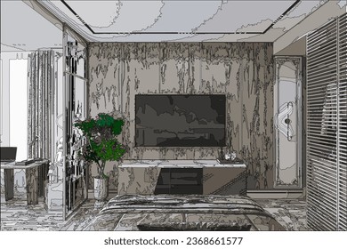 Interior of a large bedroom with a bed in the middle, bedside tables and sconces on both sides. Graphic execution.