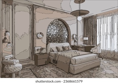 Interior of a large bedroom with a bed in the middle, bedside tables and sconces on both sides. Graphic execution.
