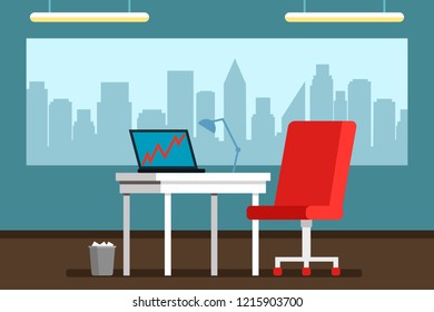 Interior of a large bright office with a large window and a panorama of the city. Flat vector illustration. Boss office