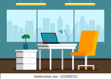 Interior of a large bright office with a large window and a panorama of the city. Flat vector illustration. Boss office