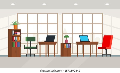 Interior of a large bright office with a large window and a panorama of the city. modern loft style teamwork center. Flat vector illustration of boss office