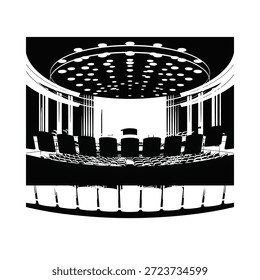 Interior de um grande auditório circular com assentos e palco