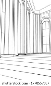 Interior, large hall or room with high ceilings and stained glass windows, in castle or palace, with powerful columns and round arches, striped floor, inside view, black and white graphic, line art.