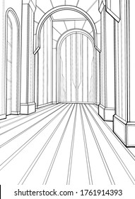 Interior, large hall or room in palace or castle, with portal, with high powerful columns and wide round arches, big stained glass windows, striped floor, black and white graphic, line art, coloring.