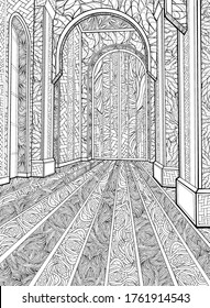 Interior, large hall or room in palace or castle, with high powerful columns and wide round arches, big stained glass windows, striped floor, all in patterns and small details, inside view, line art.