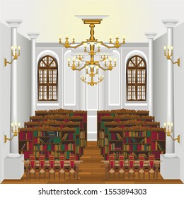 interior of a large library with columns and tables