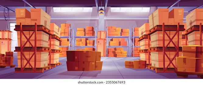 Interior of large warehouse with goods in wooden containers and cardboard parcel boxes on pallets and metal shelves and racks. Cartoon vector illustration of factory or store storage room inside. svg