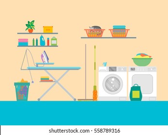 Interior Laundry Room with Furniture Washing and Ironing Housework Flat Design Style. Vector illustration