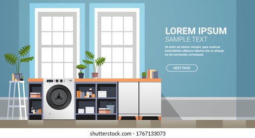 interior of laundry room with washing machine electric washer home appliance concept horizontal copy space vector illustration