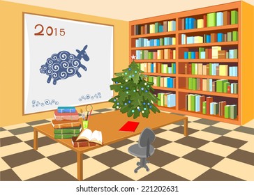 Interior of the library with Christmas tree