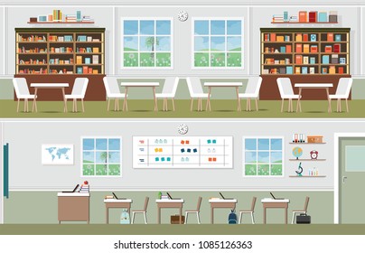 Interior of library and classroom, school and education conceptual vector illustration.