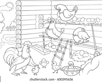 Interior and life of birds in the chicken coop coloring for children cartoon vector illustration. Zentangle style. Black and white