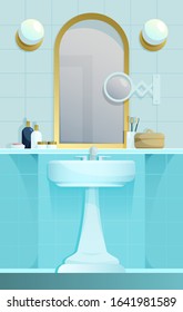 Interior of light blue bathroom with a mirror