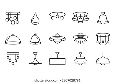 Interior Lighting Outline Icons Featuring Pendant and Ceiling Fixtures