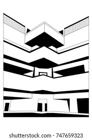 Interior line drawing vector of a tall office space with several floors