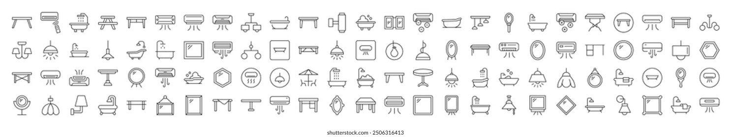 Interior Line Icon Set. Contains Icons of Conditioner, Mirror, Table, Lamp, Chandelier, Bathroom that Can Be Used for Design of Cards, Posts, Apps, Web Sites