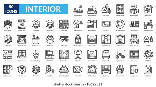 Conjunto de iconos de línea interior. Habitación minimalista, dormitorio moderno, esquina acogedora, marco de arte de pared, iluminación colgante, planta interior, Espacio de trabajo en casa