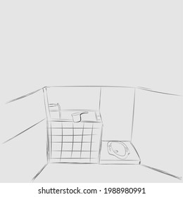 Interior linear sketch. Part of the usual bathroom in employee-only workplaces. Vector illustration.