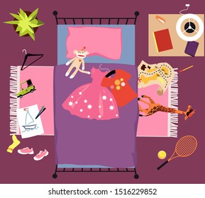 Interior of a little girl's bedroom, view from top, EPS 8 vector illustration