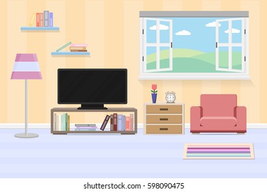 interior living design with window and furniture.vector and illustration