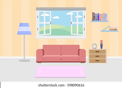 interior living design with window and furniture.vector and illustration