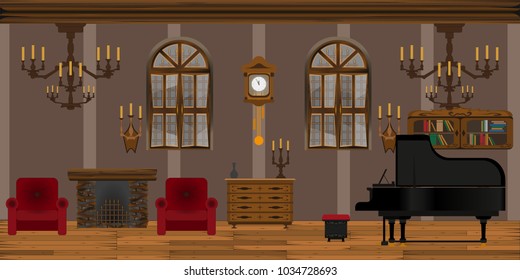 an interior of a living room in antique style with a grand piano, a fireplace, and red armchairs.