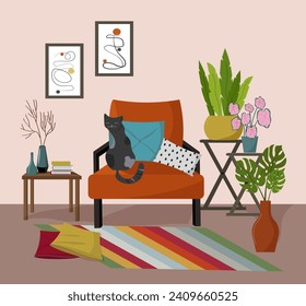 Interior of the living room area. Furniture items for a cozy room - an armchair and pillows, a rug, a table with a vase and books, stands with flowers in pots, paintings and a cat. Vector flat linear