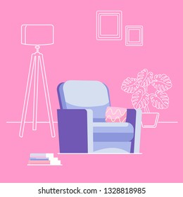 The interior of the living room with an armchair. Outline background. Blue armchair with a pink pillow on the background of a floor lamp and house plant, near a stack of books.