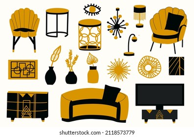 The Interior Of The Living Room Is Art Deco. Set Of Furniture. Sofa, Armchair, Decor, Paintings, Tables. Vector Illustration Of Isolated Elements