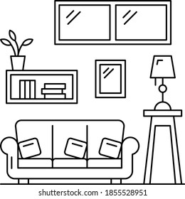 interior living room with bookcase, sofa, houseplant and Side Table Lamp Concept Vector Icon Design, 